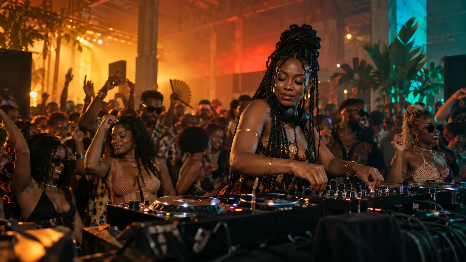 DJ performing for an energetic crowd under warm amber and teal lights.